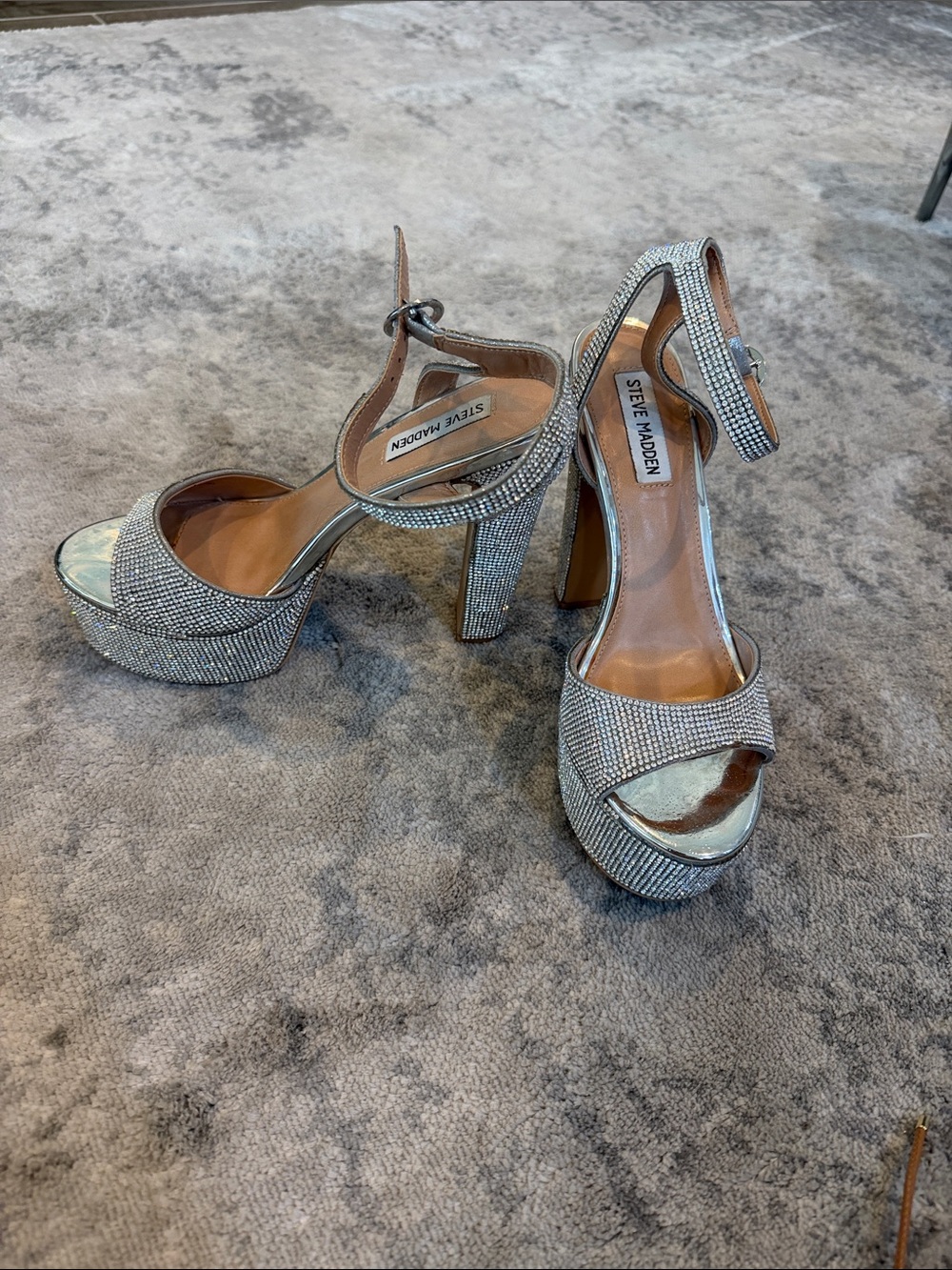 Steve Madden Silver Rhinestone Platform Sandals with Ankle Strap